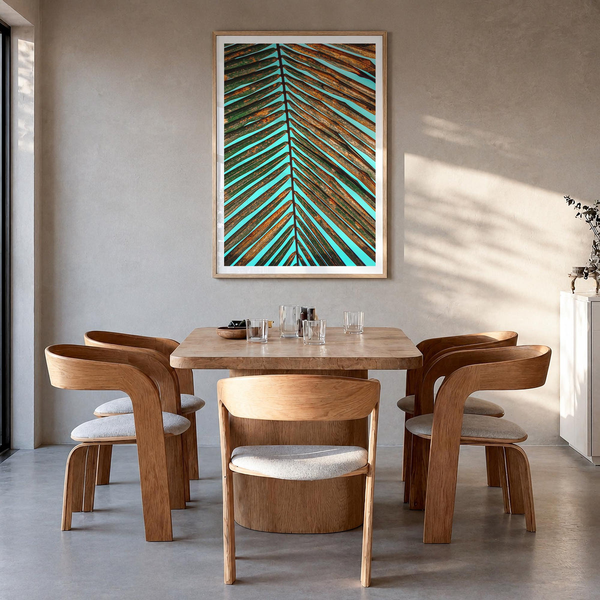 Palm Tree Leaf colorful photo poster – vertical wall art in natural wood frame with white border, hanging on wall