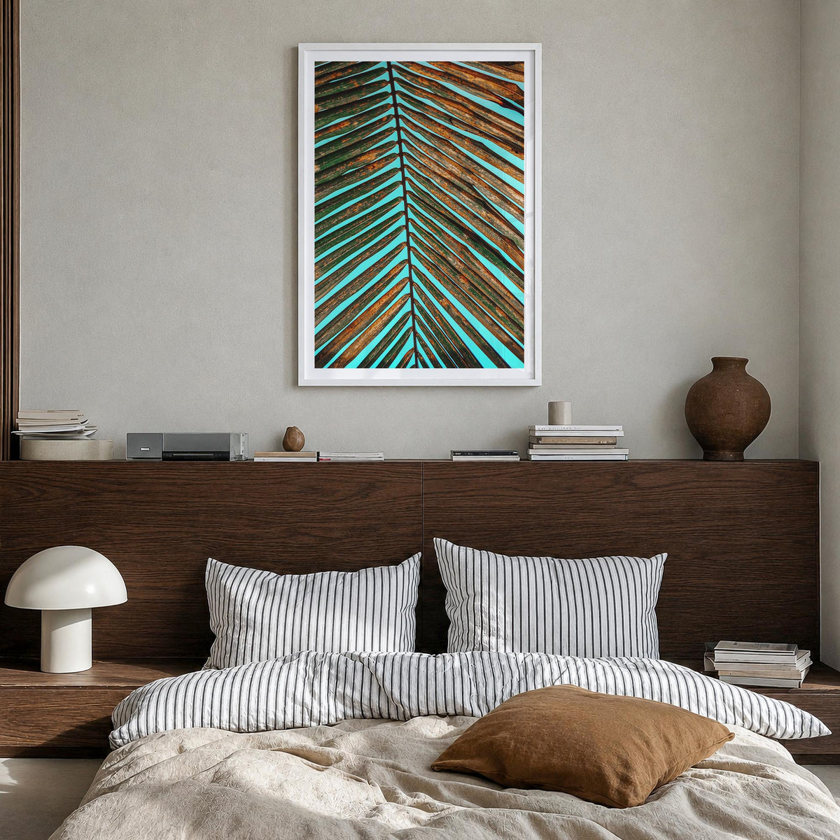 Palm Tree Leaf colorful photo poster – vertical wall art in white wood frame with white border, hanging on wall