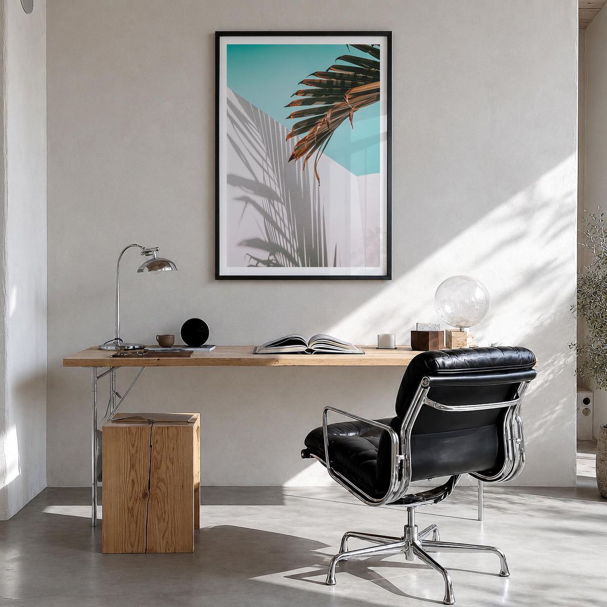 Palm Tree Shadow colorful photo poster – vertical wall art in black wood frame with white border, hanging on wall