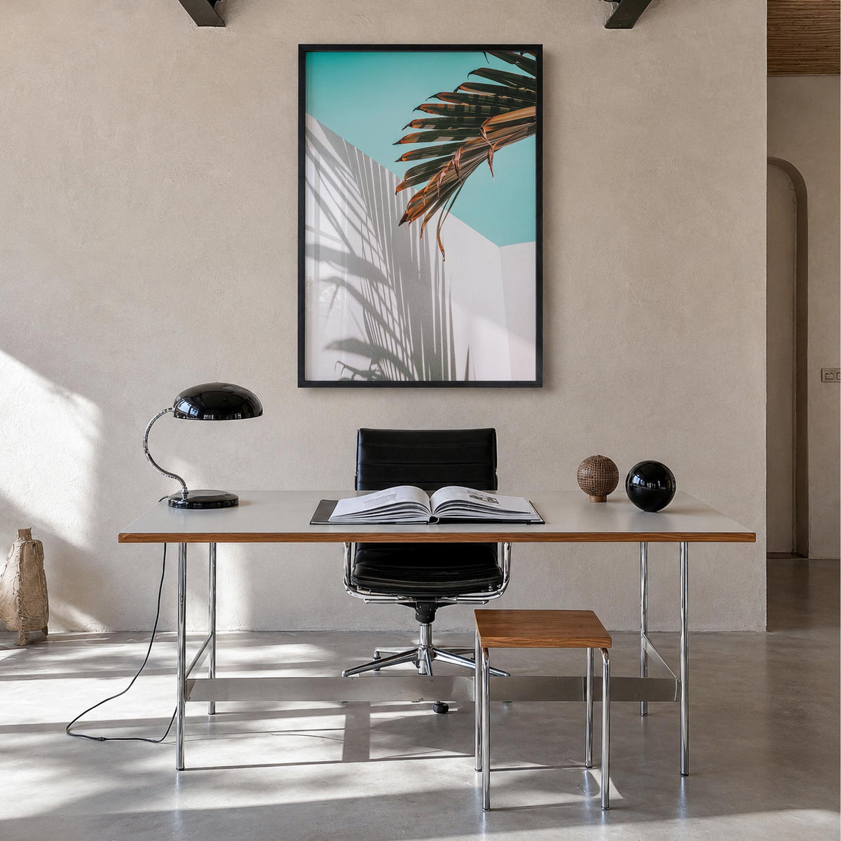 Palm Tree Shadow colorful photo poster – vertical wall art in black wood frame, hanging on wall