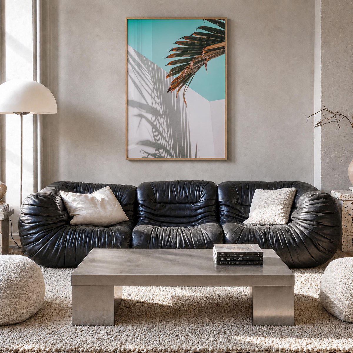 Palm Tree Shadow colorful photo poster – vertical wall art in natural wood frame, hanging on wall