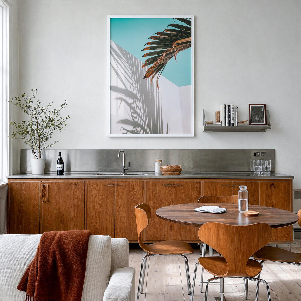 Palm Tree Shadow colorful photo poster – vertical wall art in white wood frame, hanging on wall