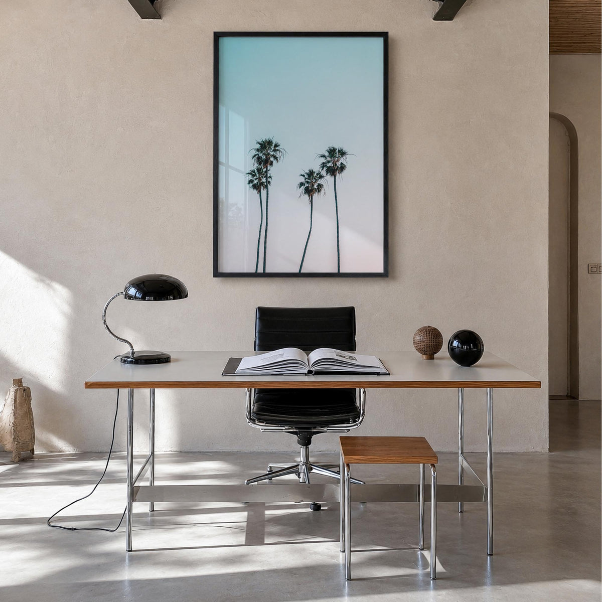Palm Trees no. 1 colorful photo poster – vertical wall art in black wood frame, hanging on wall