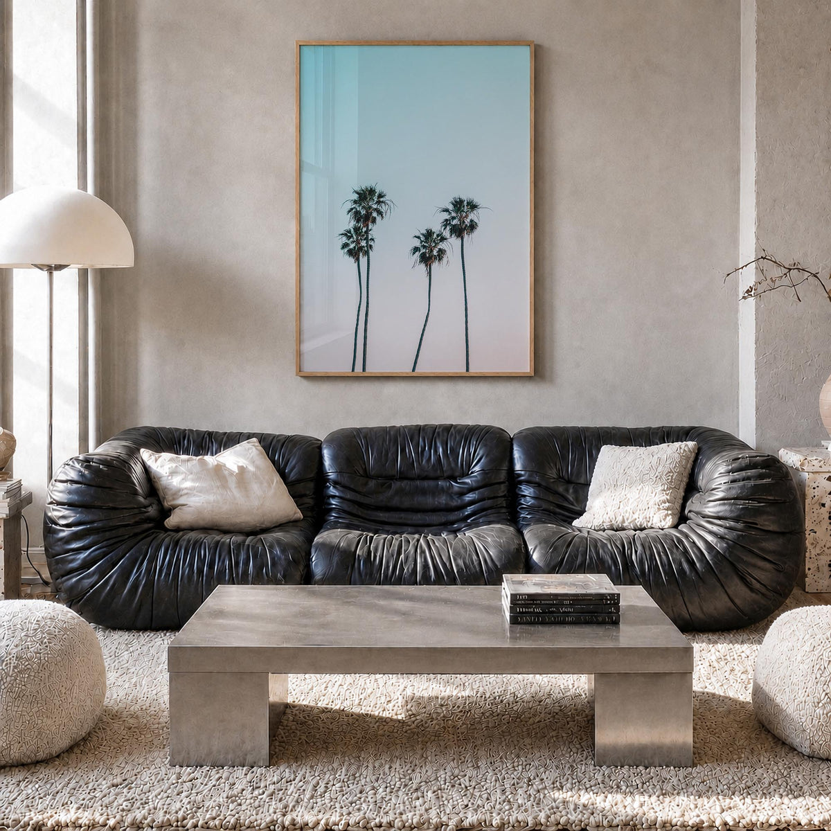 Palm Trees no. 1 colorful photo poster – vertical wall art in natural wood frame, hanging on wall