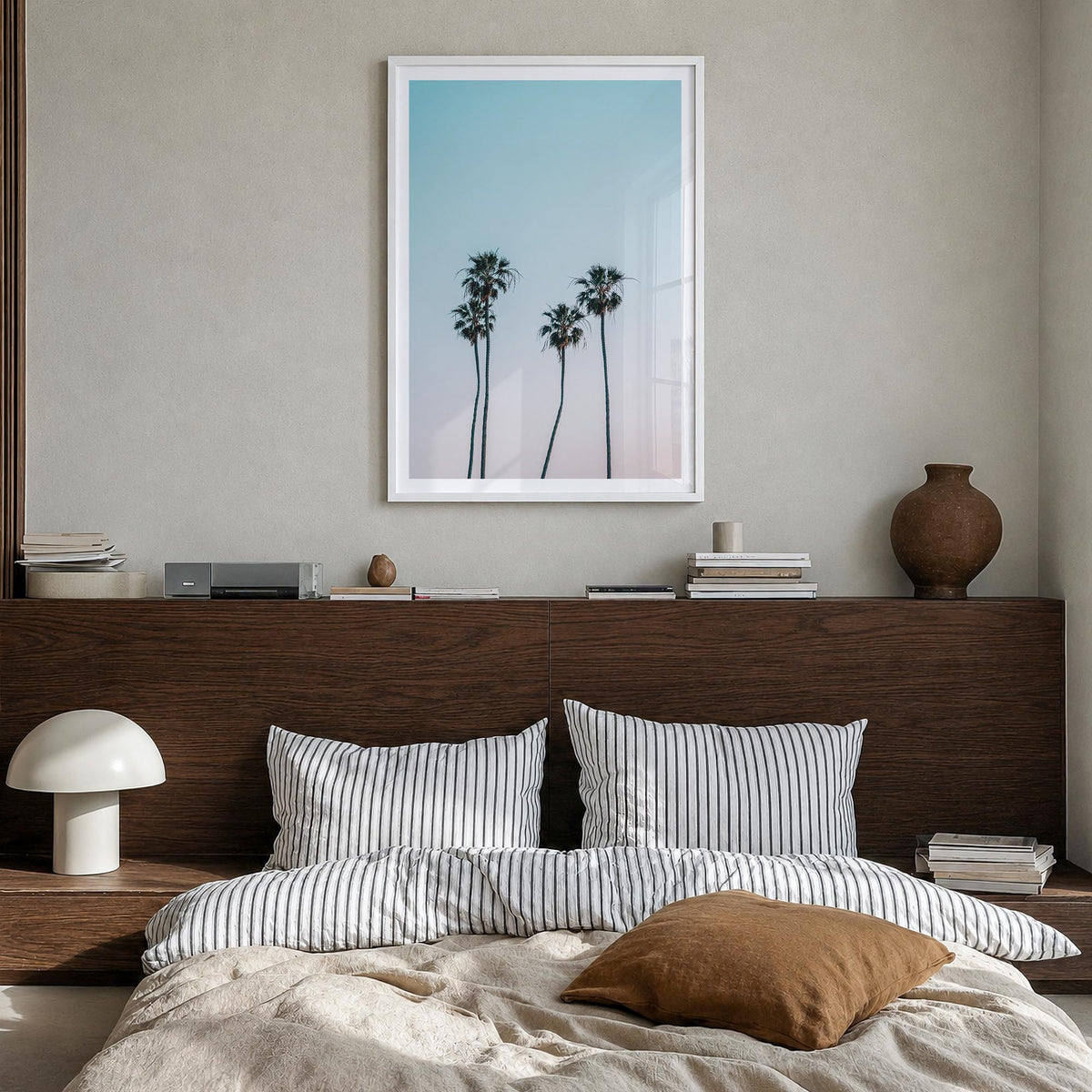 Palm Trees no. 1 colorful photo poster – vertical wall art in white wood frame with white border, hanging on wall