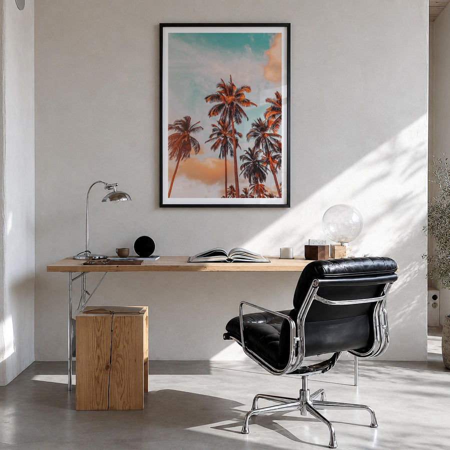 Palm Trees no. 2 colorful photo poster – vertical wall art in black wood frame with white border, hanging on wall