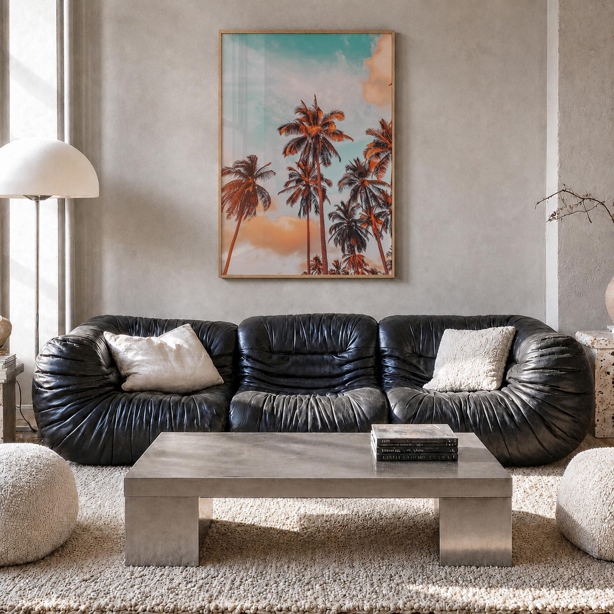 Palm Trees no. 2 colorful photo poster – vertical wall art in natural wood frame, hanging on wall
