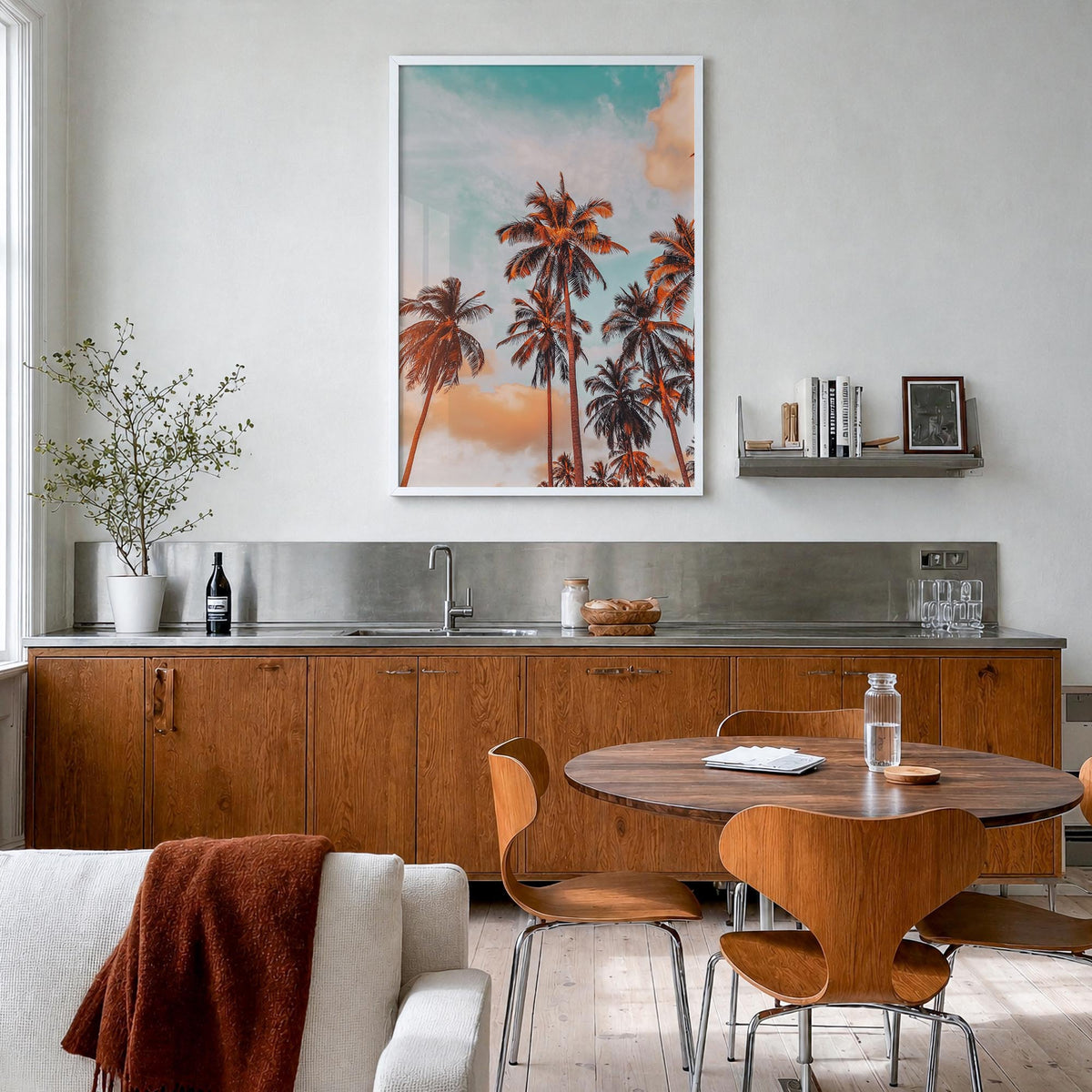 Palm Trees no. 2 colorful photo poster – vertical wall art in white wood frame, hanging on wall