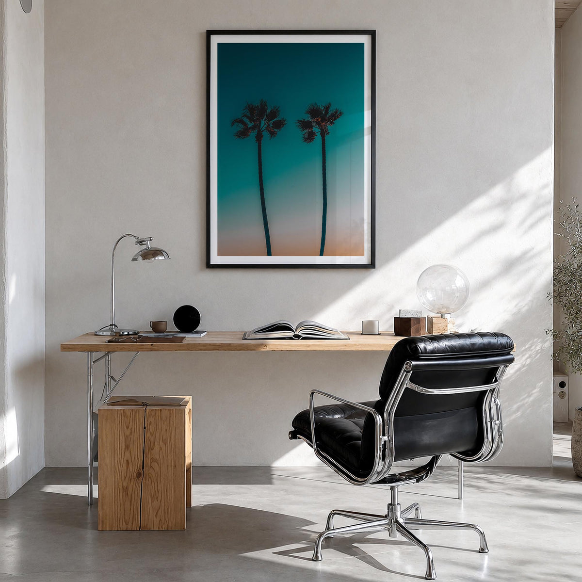 Palm Trees no. 3 colorful photo poster – vertical wall art in black wood frame with white border, hanging on wall