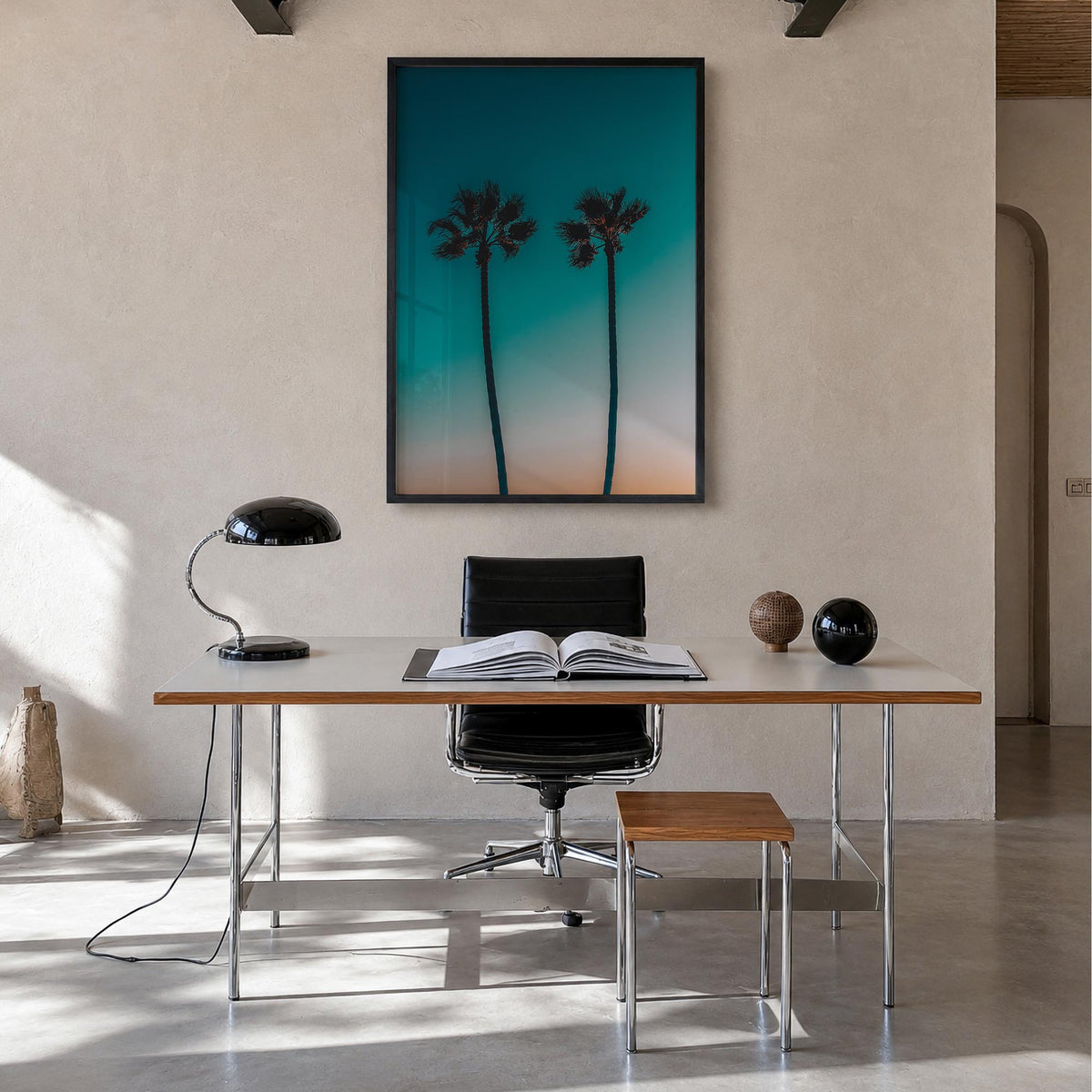 Palm Trees no. 3 colorful photo poster – vertical wall art in black wood frame, hanging on wall