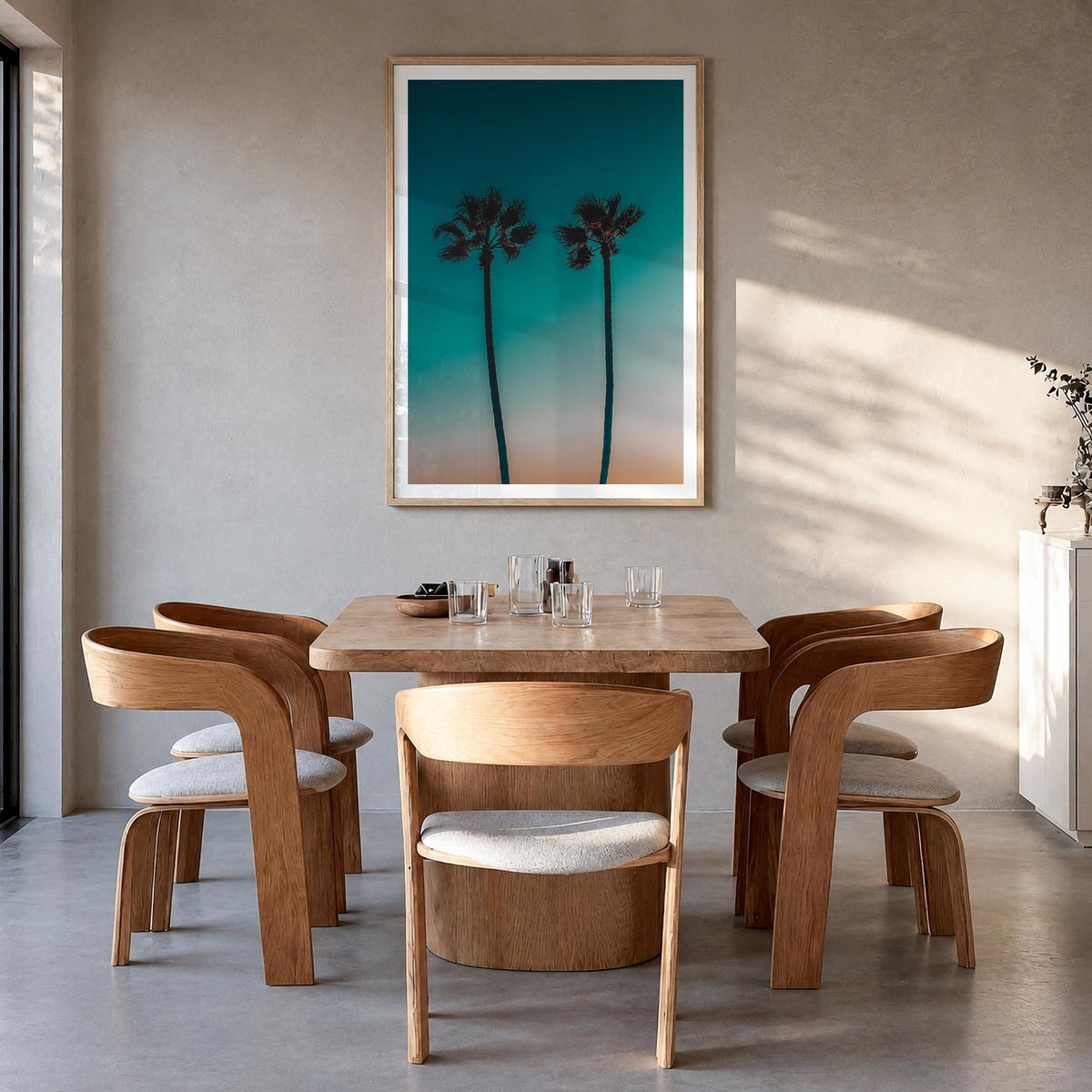Palm Trees no. 3 colorful photo poster – vertical wall art in natural wood frame with white border, hanging on wall