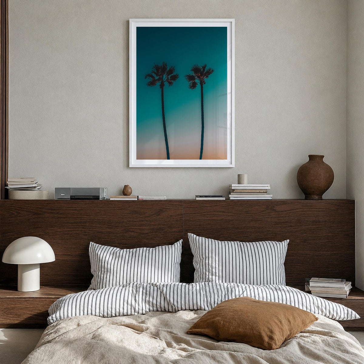 Palm Trees no. 3 colorful photo poster – vertical wall art in white wood frame with white border, hanging on wall