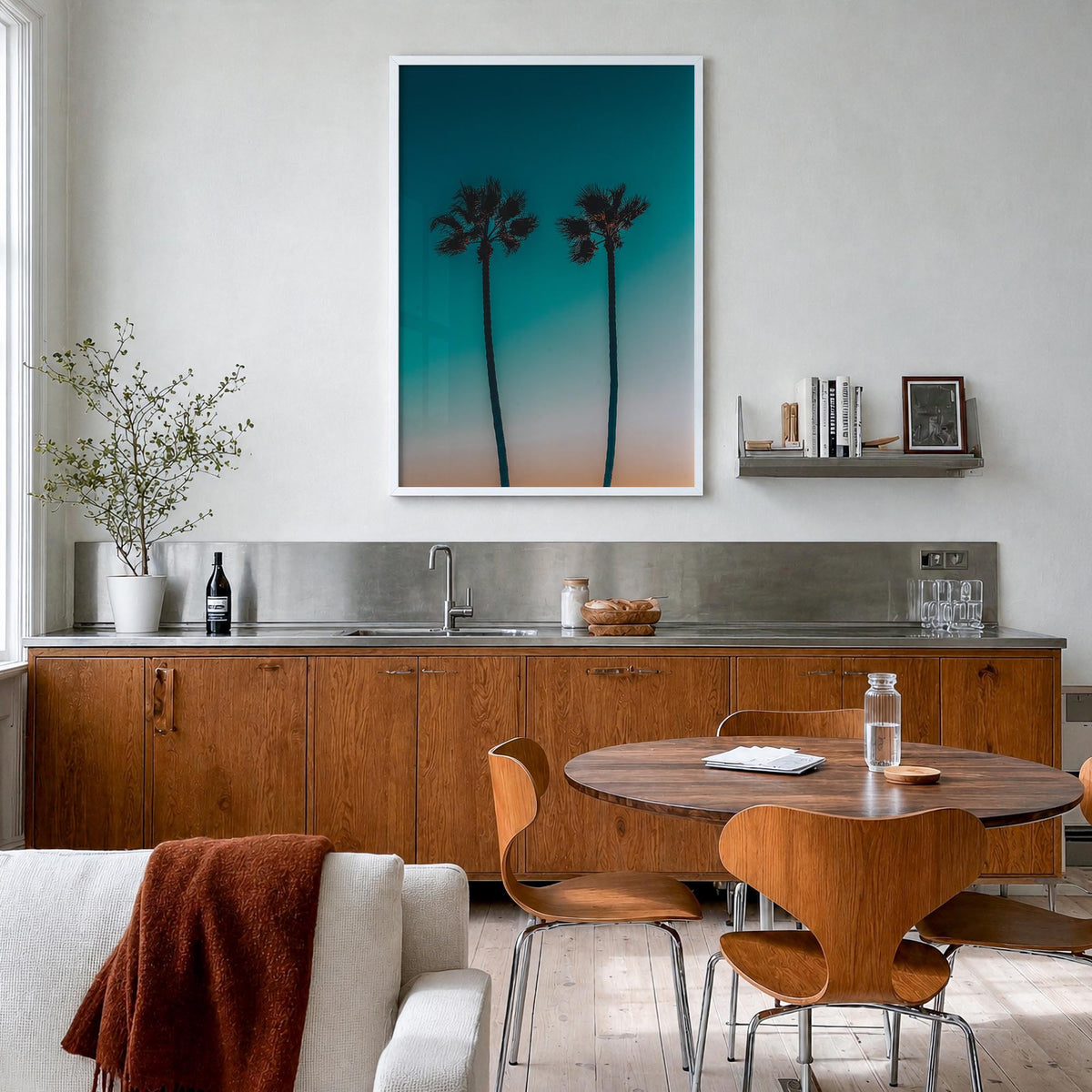 Palm Trees no. 3 colorful photo poster – vertical wall art in white wood frame, hanging on wall