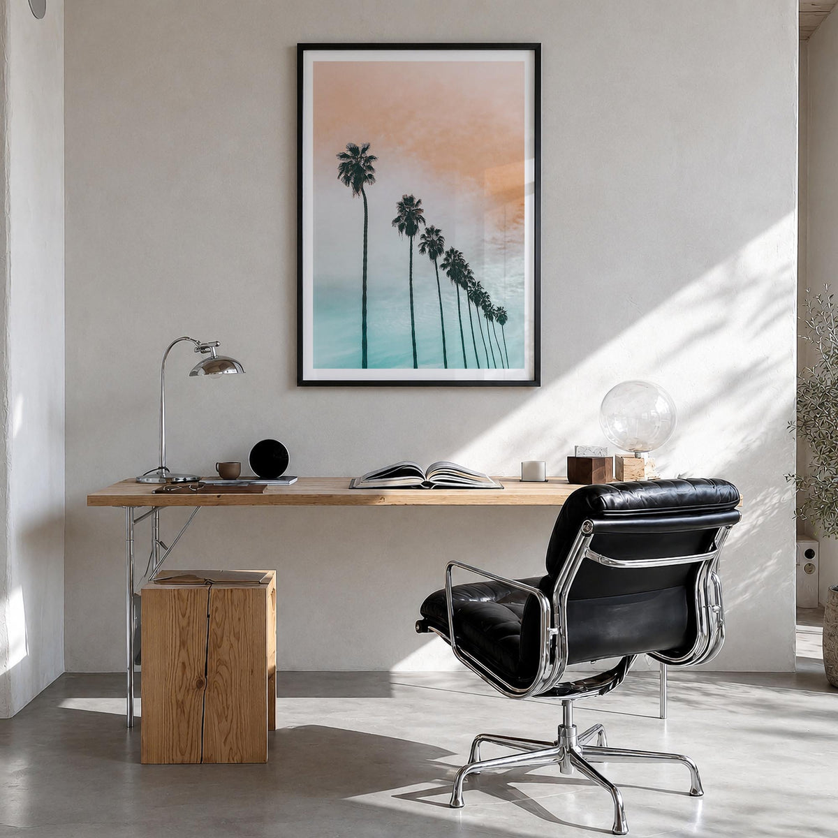 Palm Trees no. 4 colorful photo poster – vertical wall art in black wood frame with white border, hanging on wall