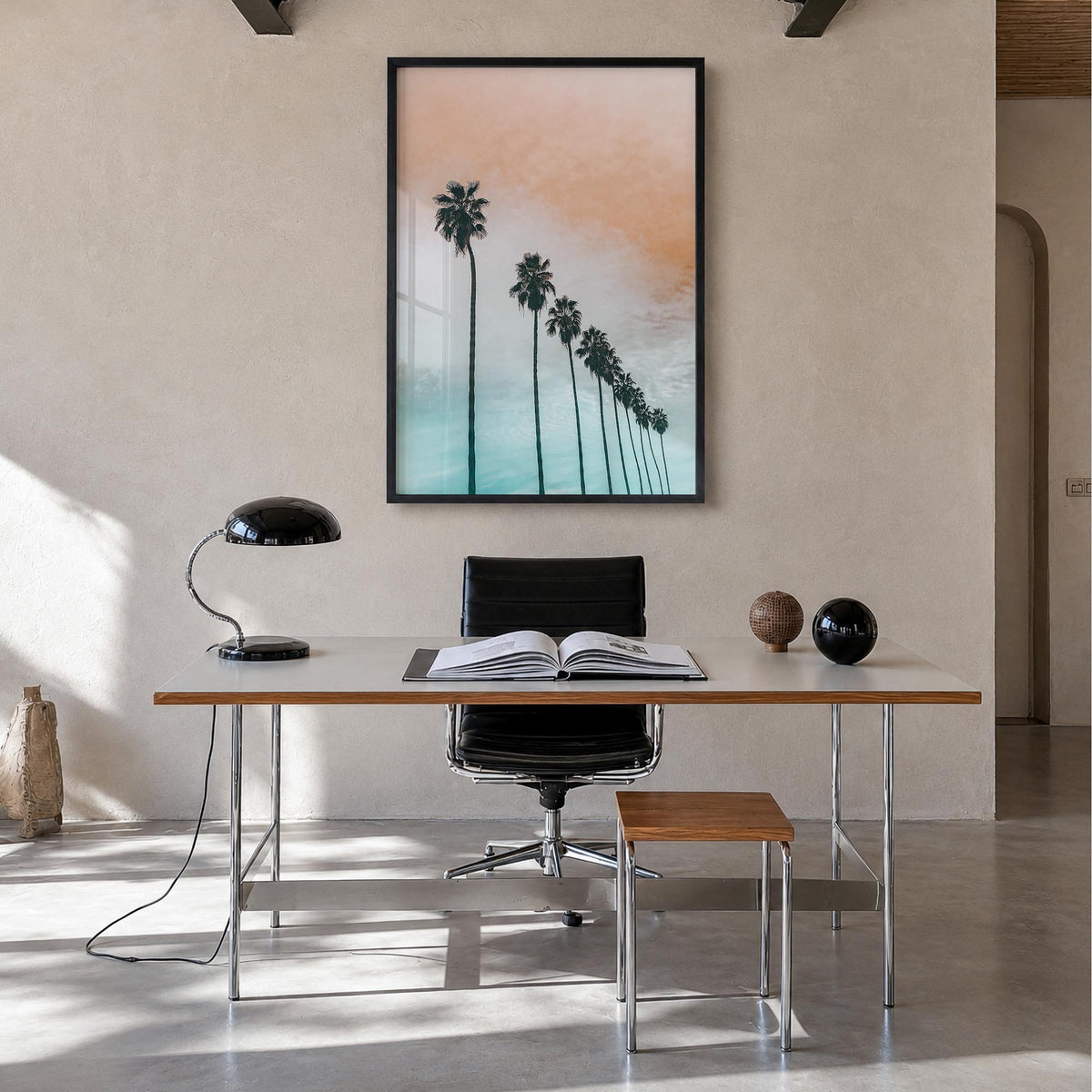 Palm Trees no. 4 colorful photo poster – vertical wall art in black wood frame, hanging on wall