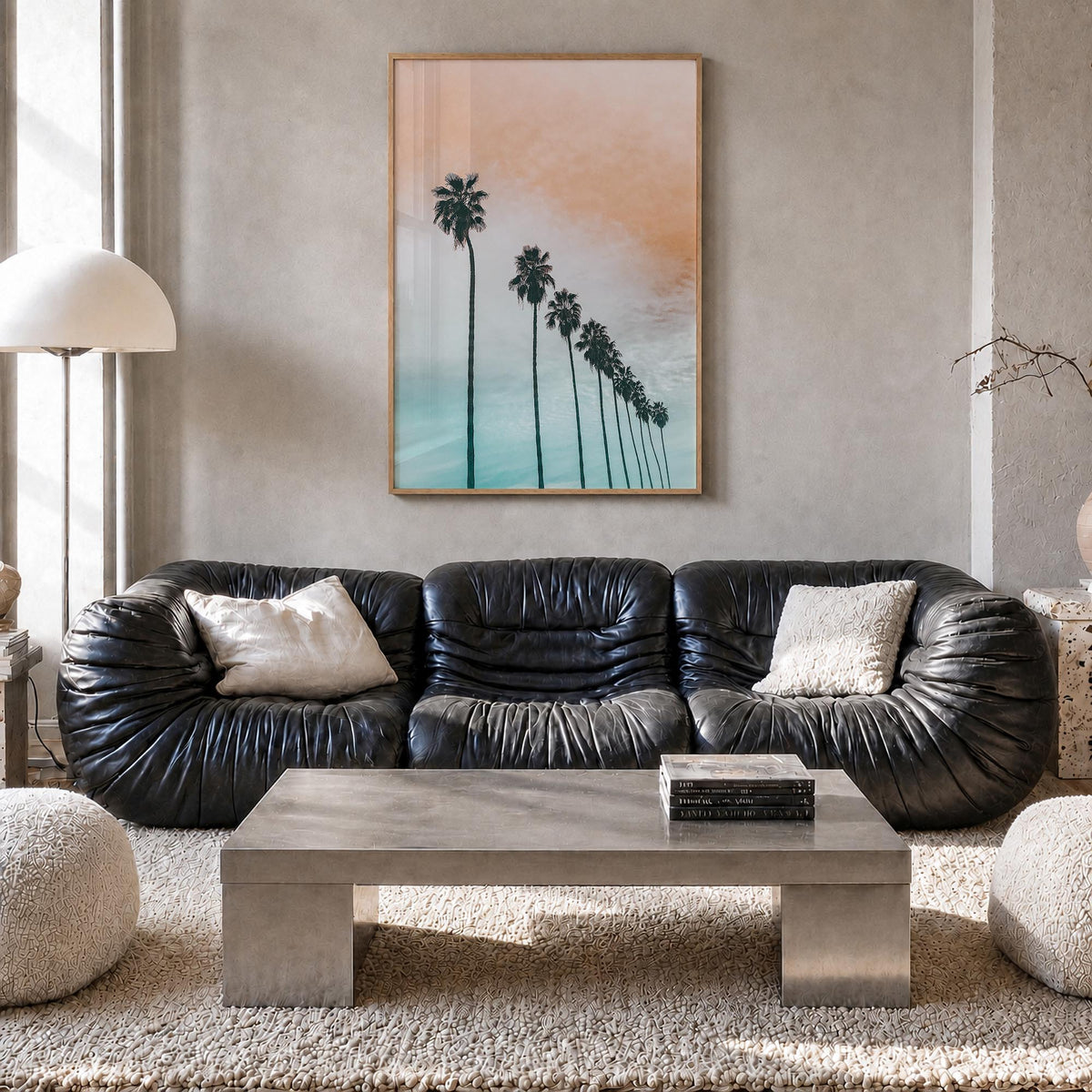 Palm Trees no. 4 colorful photo poster – vertical wall art in natural wood frame, hanging on wall