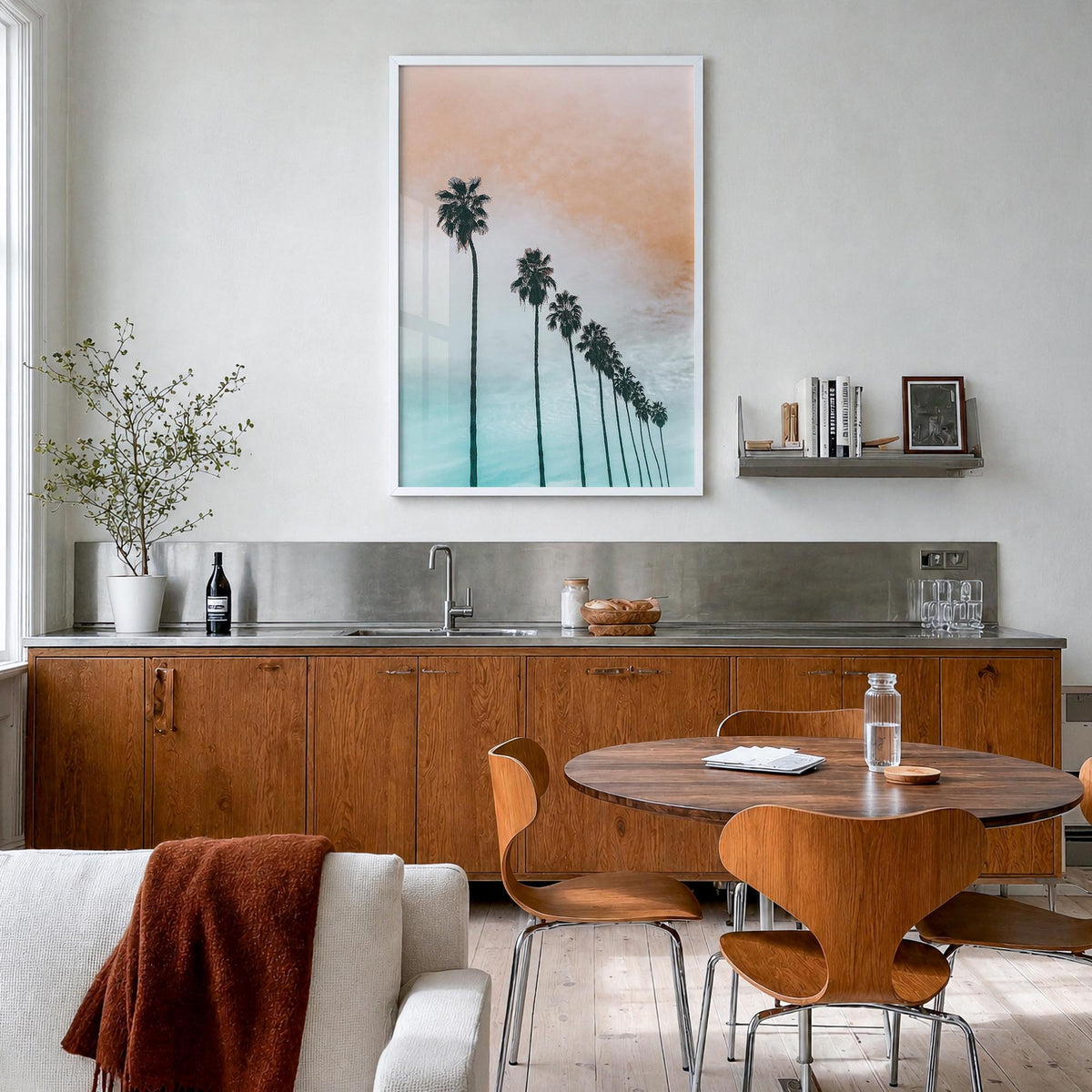 Palm Trees no. 4 colorful photo poster – vertical wall art in white wood frame, hanging on wall