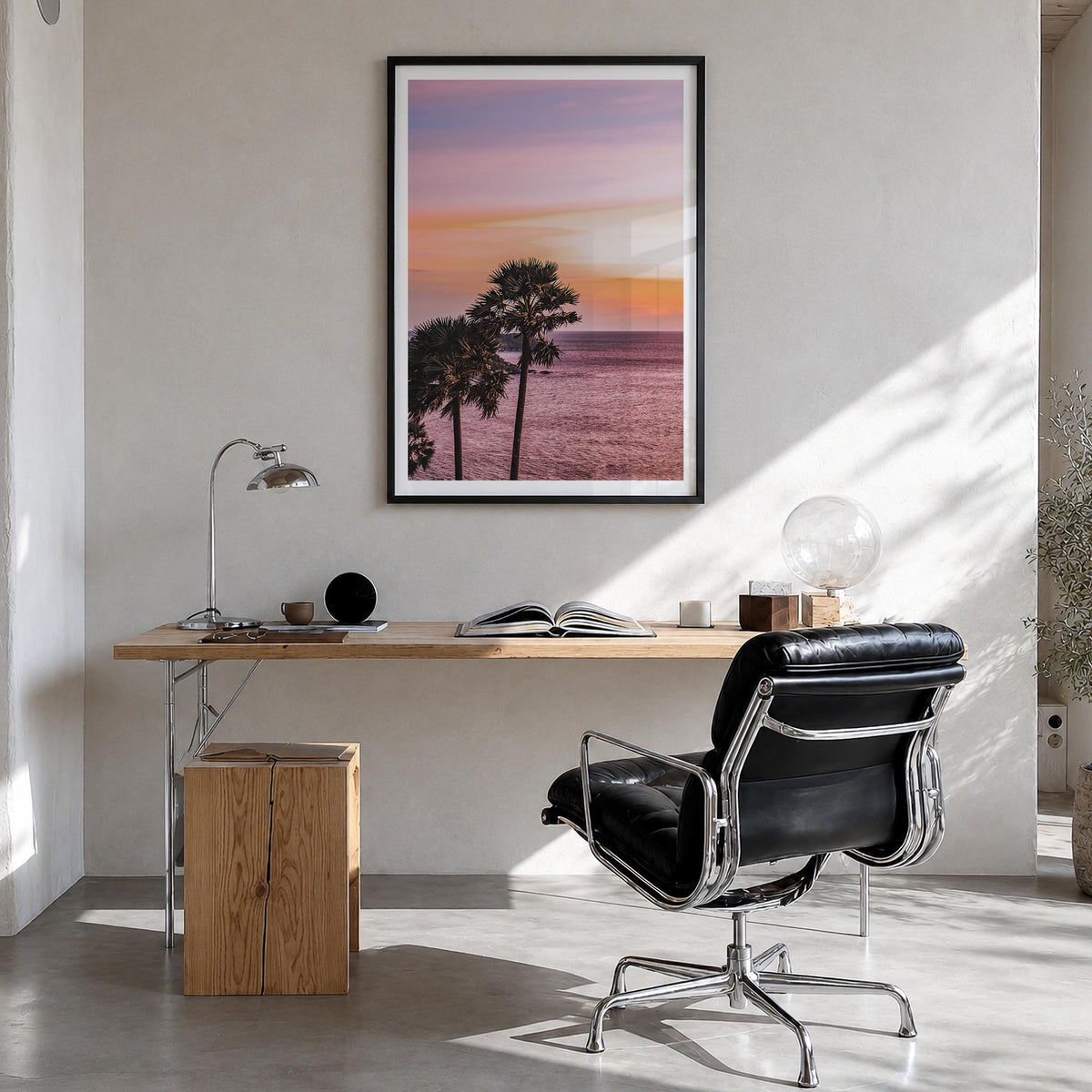 Palm Trees no. 6 colorful photo poster – vertical wall art in black wood frame with white border, hanging on wall