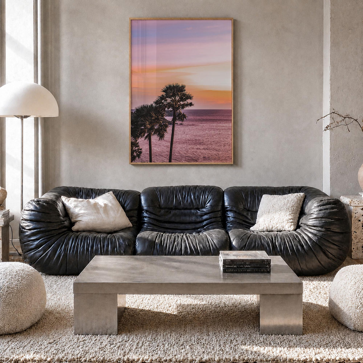 Palm Trees no. 6 colorful photo poster – vertical wall art in natural wood frame, hanging on wall