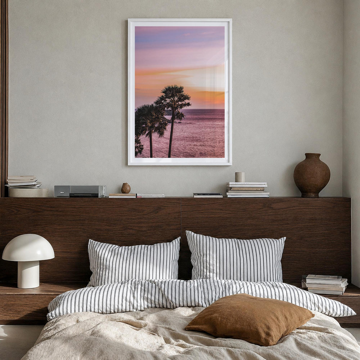Palm Trees no. 6 colorful photo poster – vertical wall art in white wood frame with white border, hanging on wall