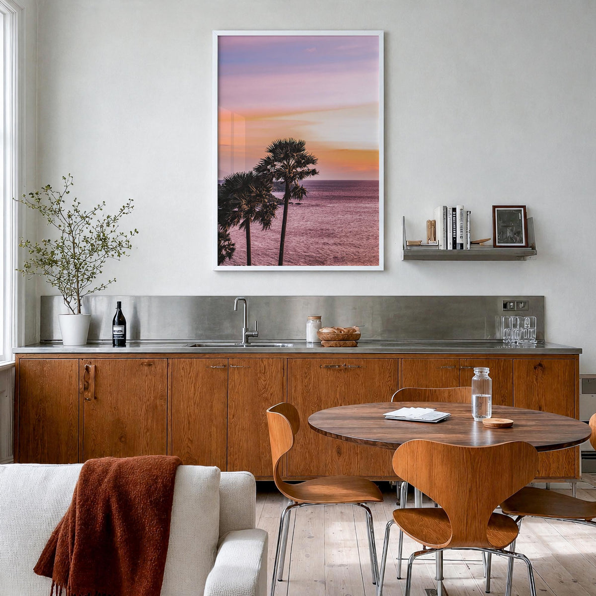 Palm Trees no. 6 colorful photo poster – vertical wall art in white wood frame, hanging on wall