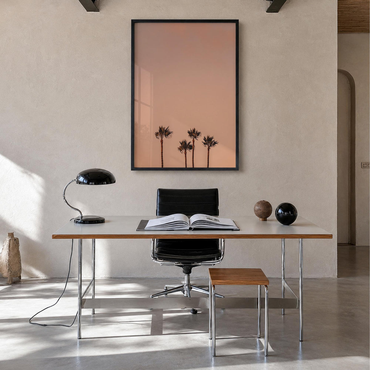 Palm Trees no. 7 colorful photo poster – vertical wall art in black wood frame, hanging on wall