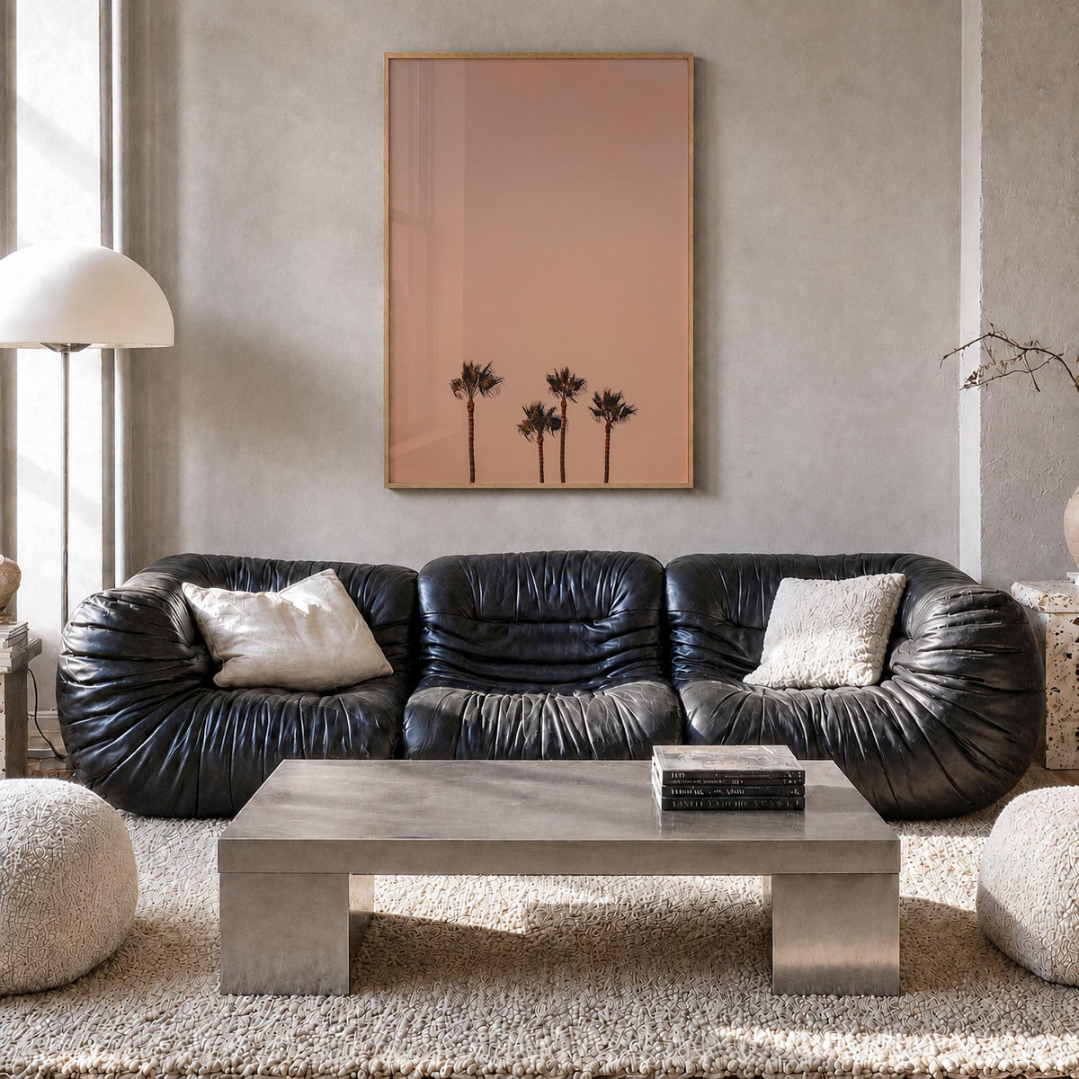 Palm Trees no. 7 colorful photo poster – vertical wall art in natural wood frame, hanging on wall