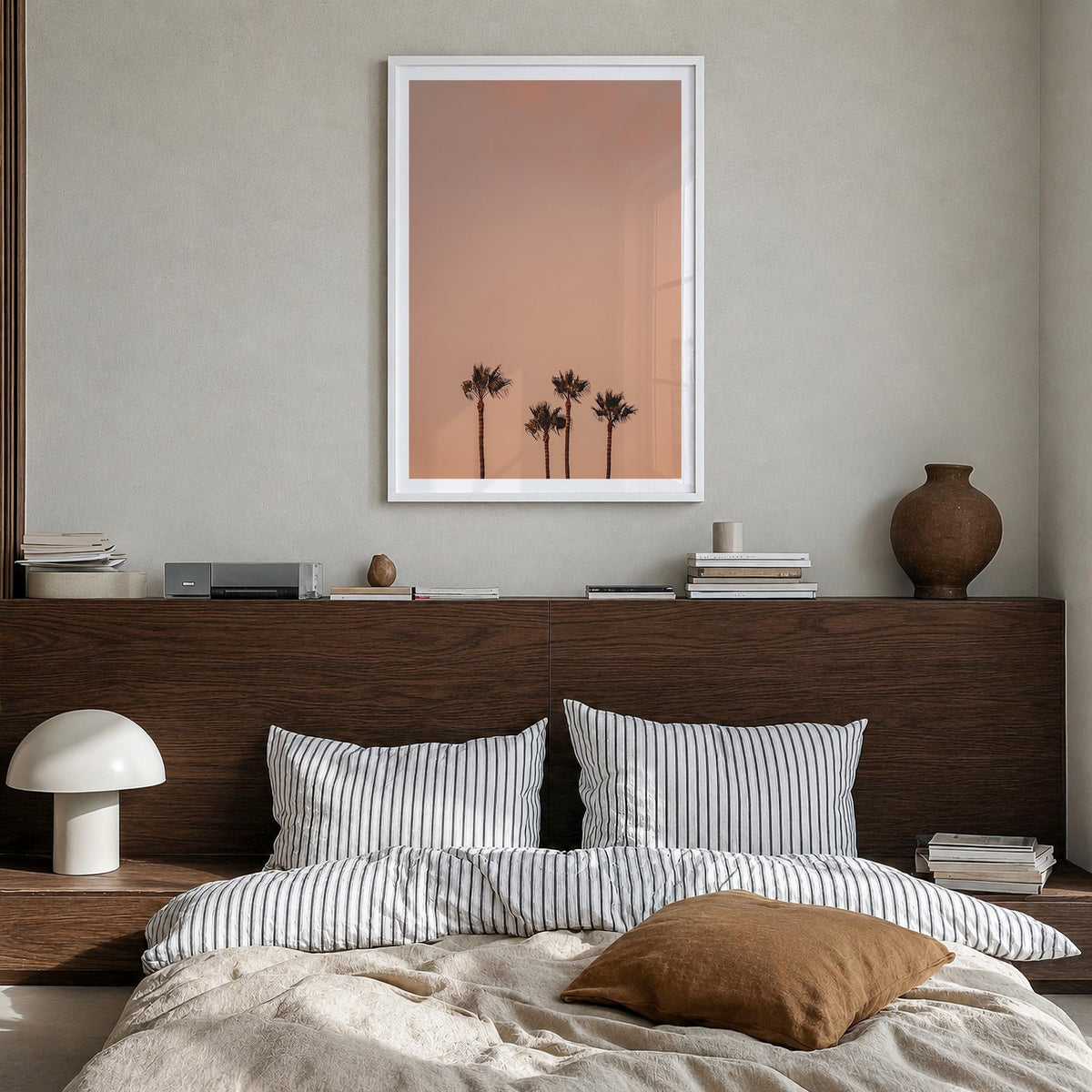Palm Trees no. 7 colorful photo poster – vertical wall art in white wood frame with white border, hanging on wall