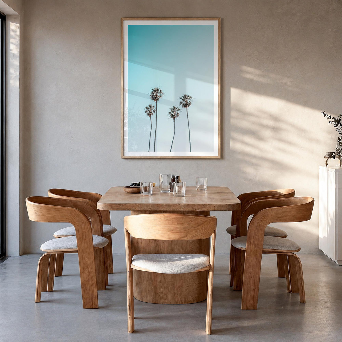 Palm Trees no. 8 colorful photo poster – vertical wall art in natural wood frame with white border, hanging on wall