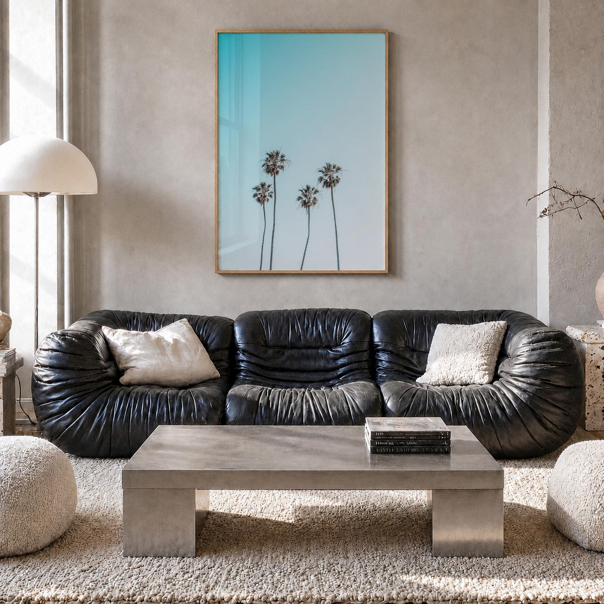 Palm Trees no. 8 colorful photo poster – vertical wall art in natural wood frame, hanging on wall