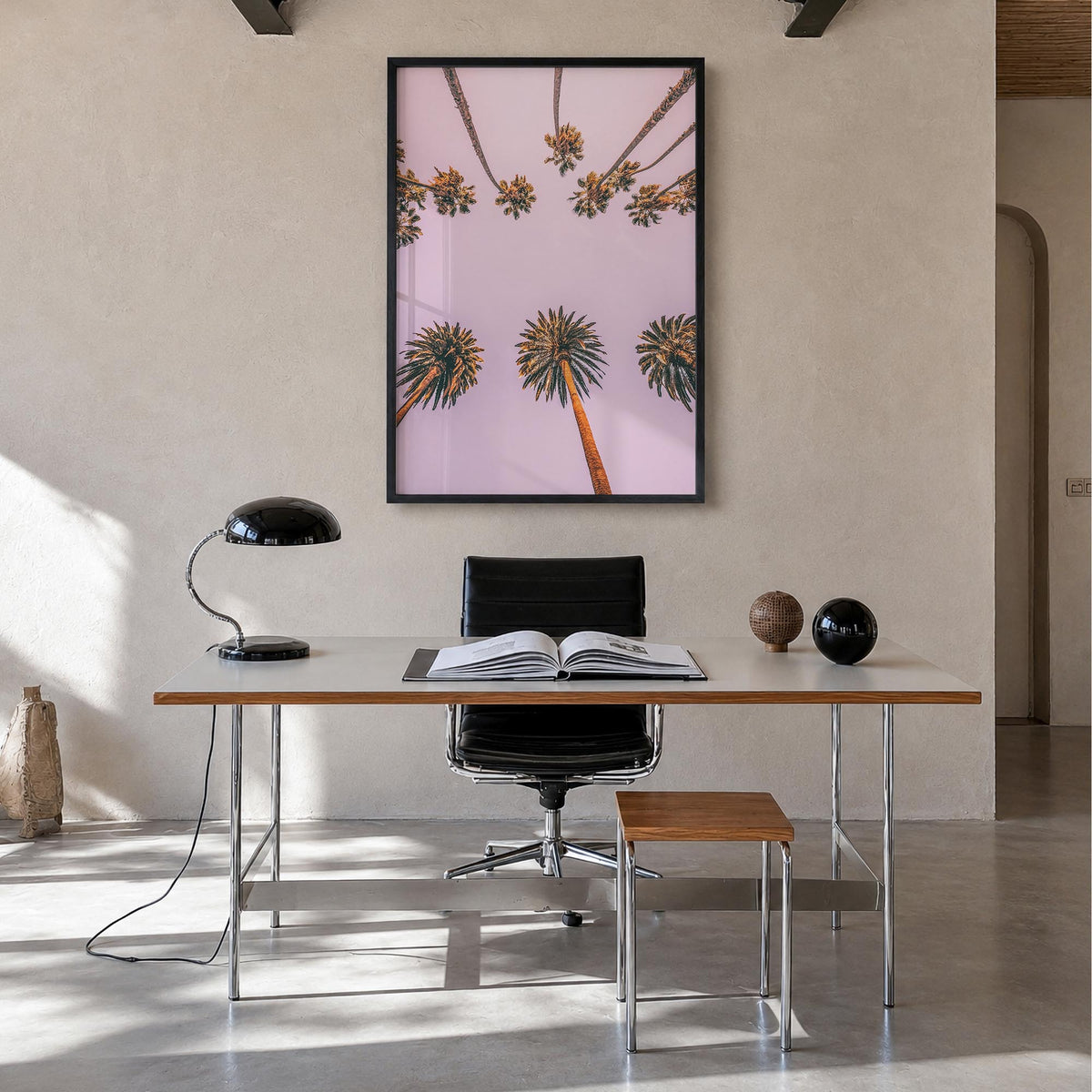 Palm Trees no. 9 colorful photo poster – vertical wall art in black wood frame, hanging on wall