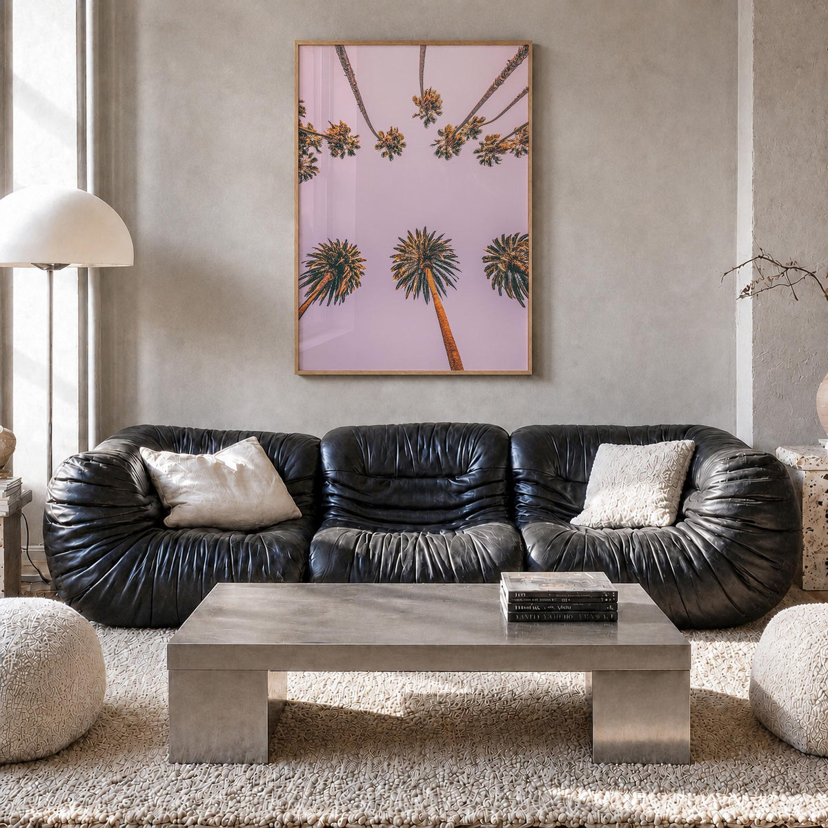 Palm Trees no. 9 colorful photo poster – vertical wall art in natural wood frame, hanging on wall