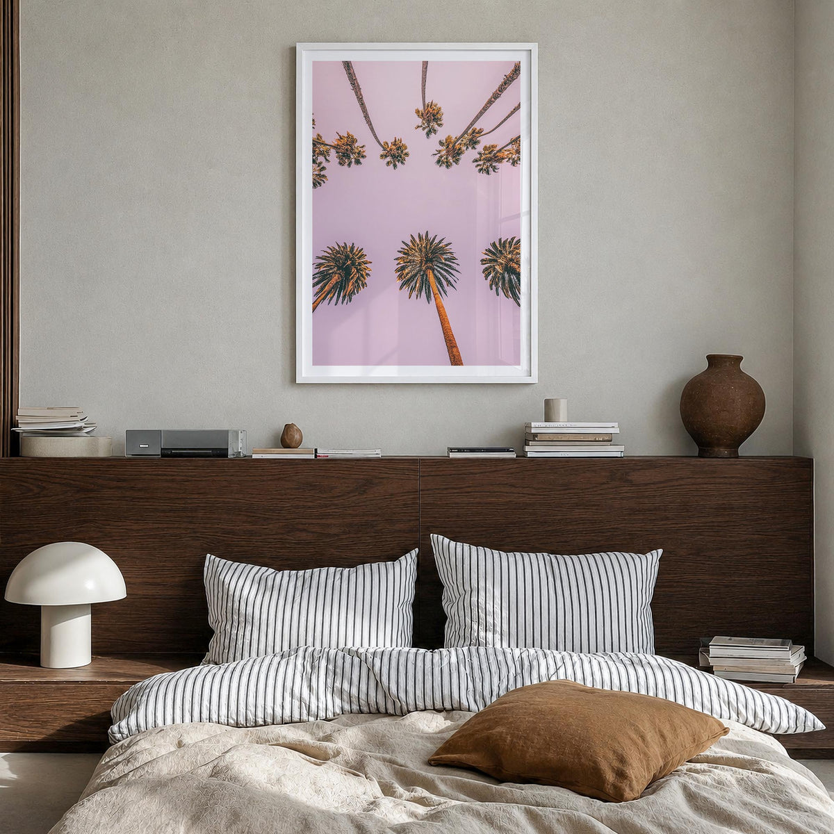 Palm Trees no. 9 colorful photo poster – vertical wall art in white wood frame with white border, hanging on wall