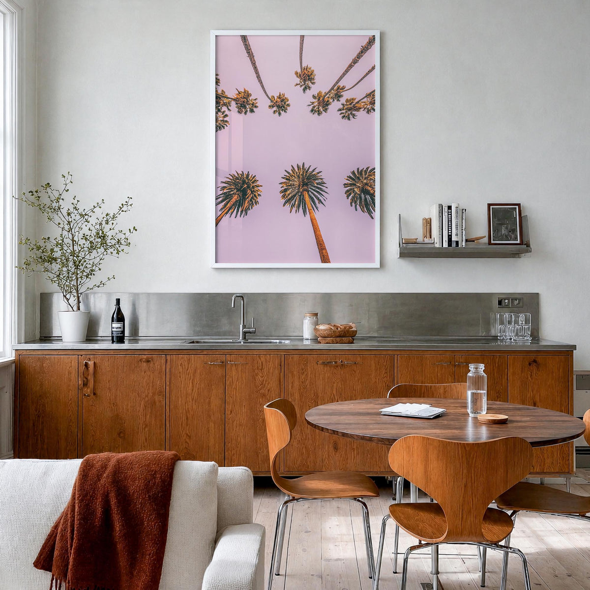 Palm Trees no. 9 colorful photo poster – vertical wall art in white wood frame, hanging on wall