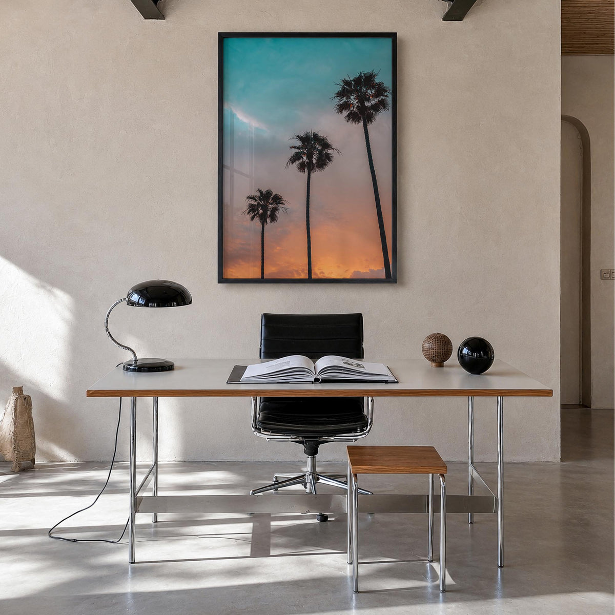 Palm Trees no. 10 colorful photo poster – vertical wall art in black wood frame, hanging on wall