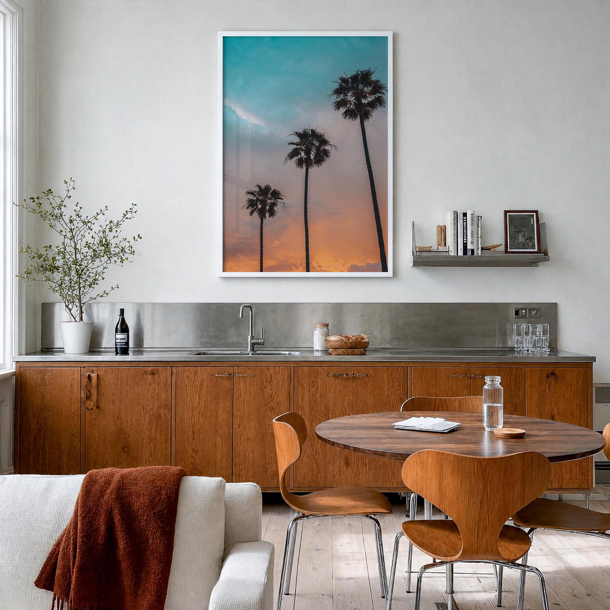 Palm Trees no. 10 colorful photo poster – vertical wall art in white wood frame, hanging on wall