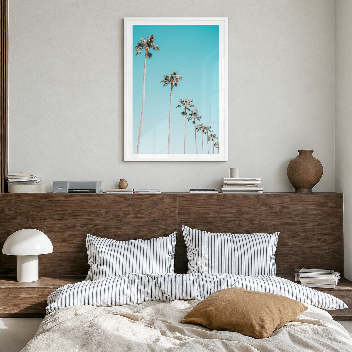 Palm Trees Photo No 3 Poster in a white wood frame, hanging in a bedroom, white border