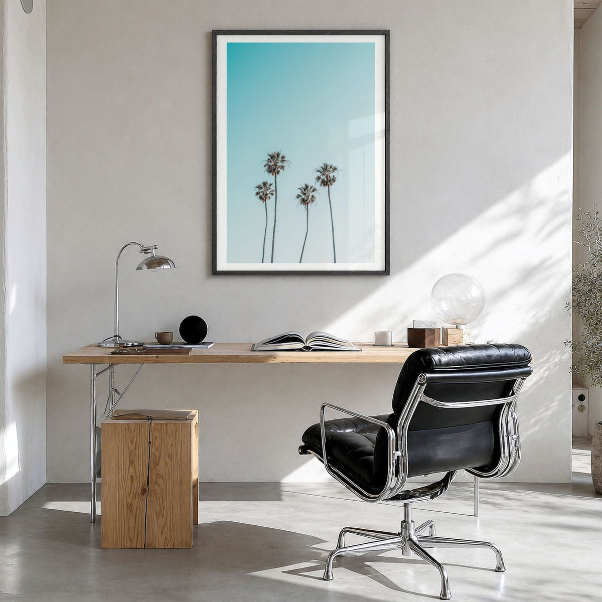 Palm Trees Photo No 7 Poster in a black wood frame, hanging in a bright home office, white border