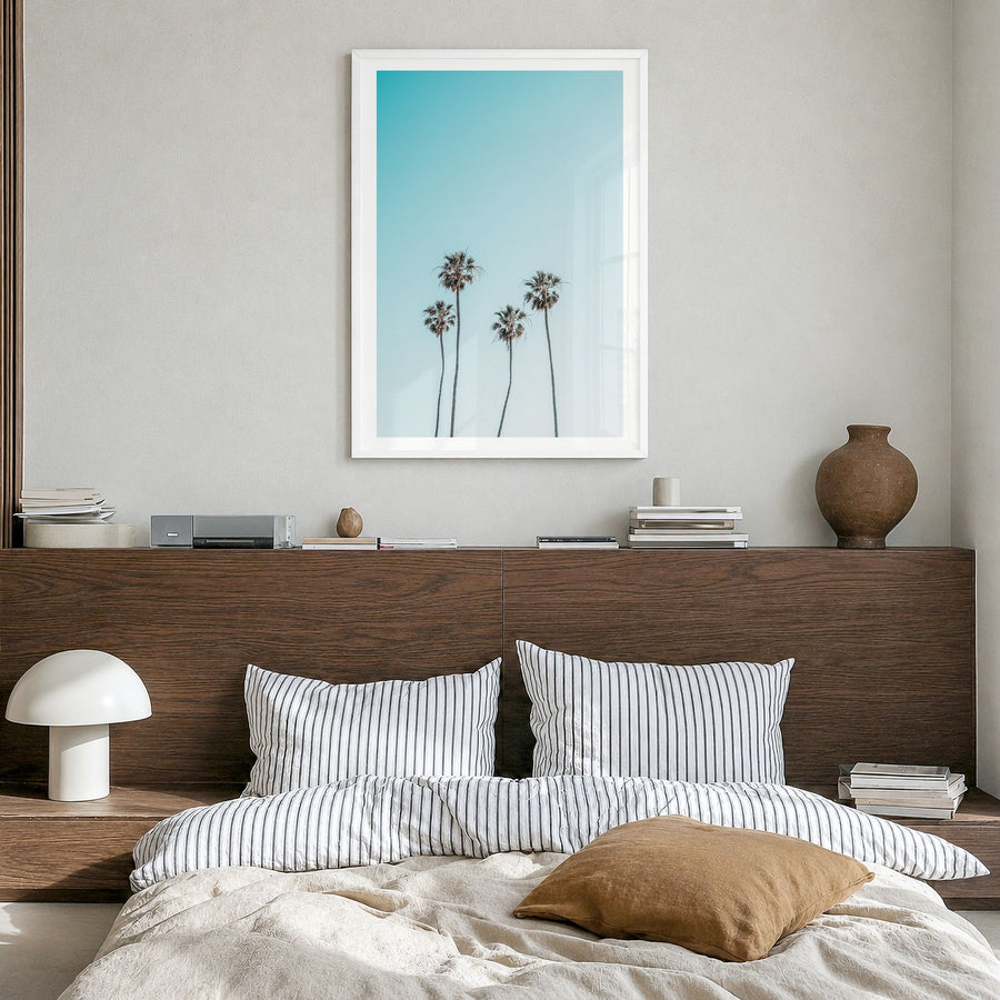 Palm Trees Photo No 7 Poster in a white wood frame, hanging in a bedroom, white border