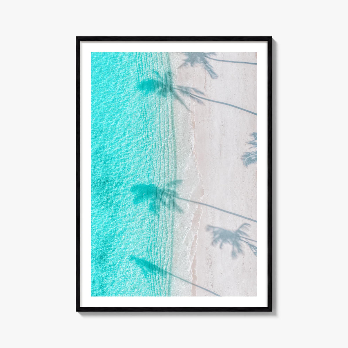 Palm Trees Shadows colorful photo poster – vertical wall art, unframed print shown in interior mockup