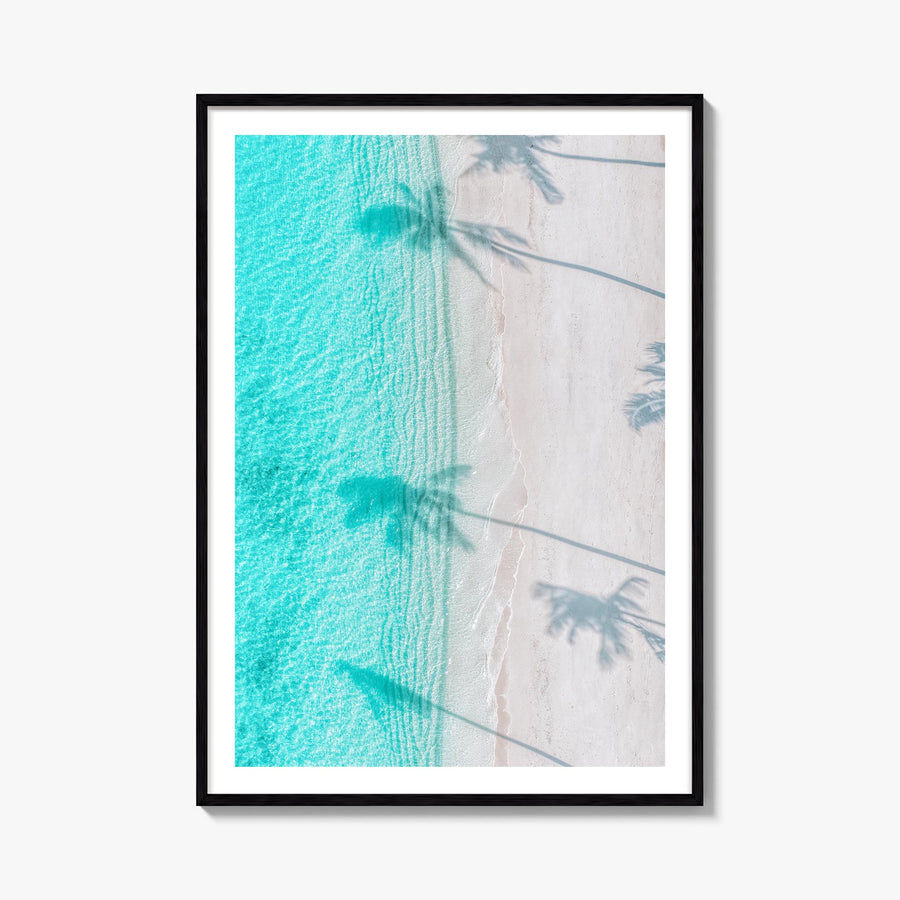 Palm Trees Shadows colorful photo poster – vertical wall art, unframed print shown in interior mockup