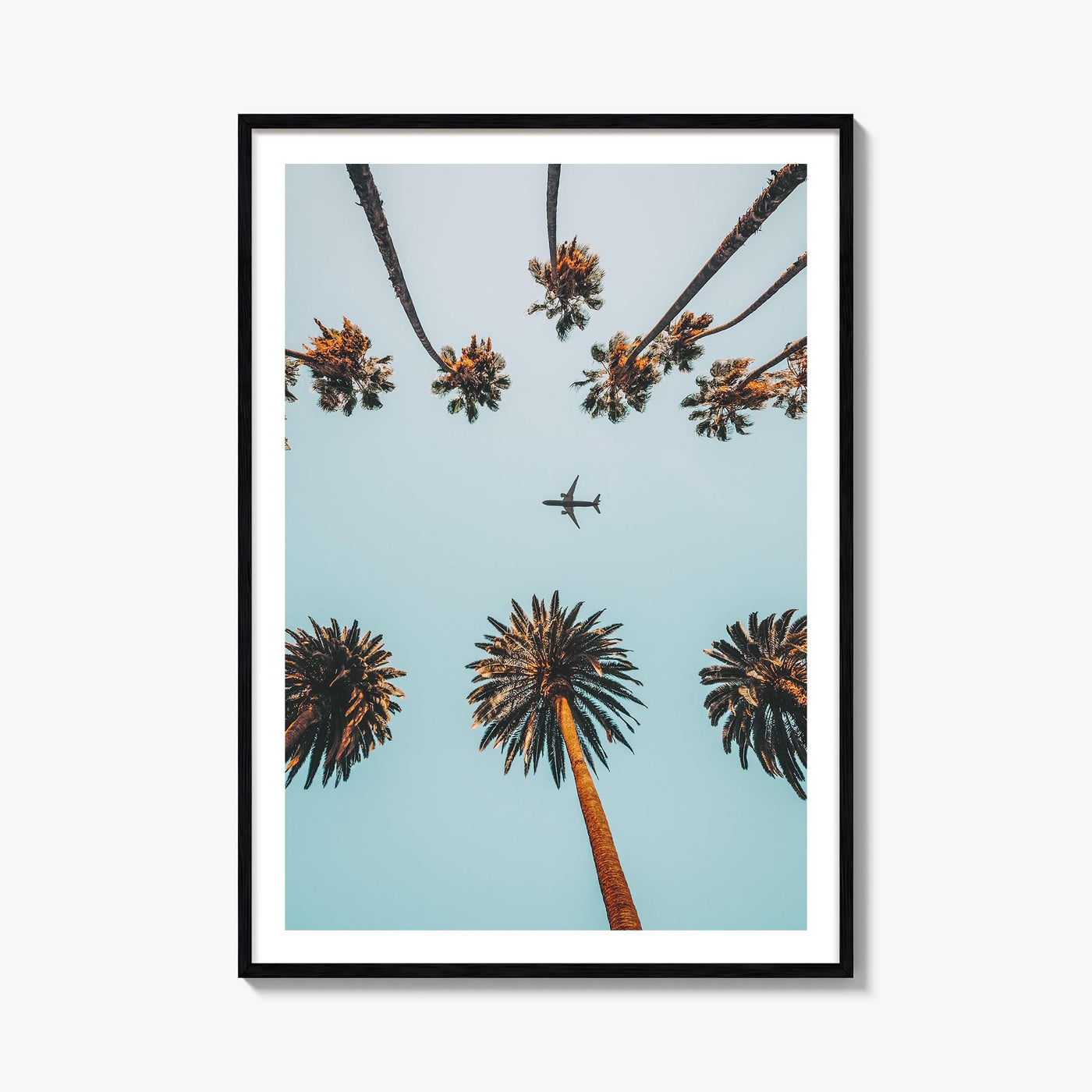 Palm Trees, Sky and Aircraft colorful photo poster – vertical wall art, unframed print shown in interior mockup