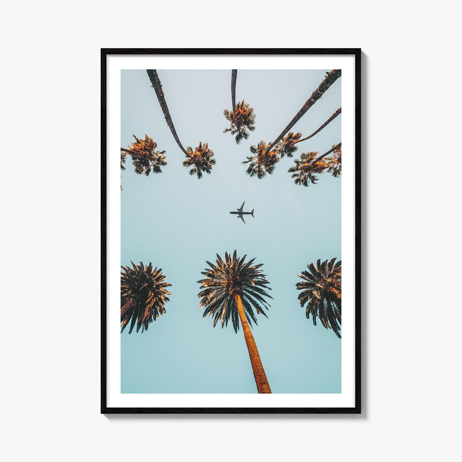Palm Trees, Sky and Aircraft colorful photo poster – vertical wall art, unframed print shown in interior mockup