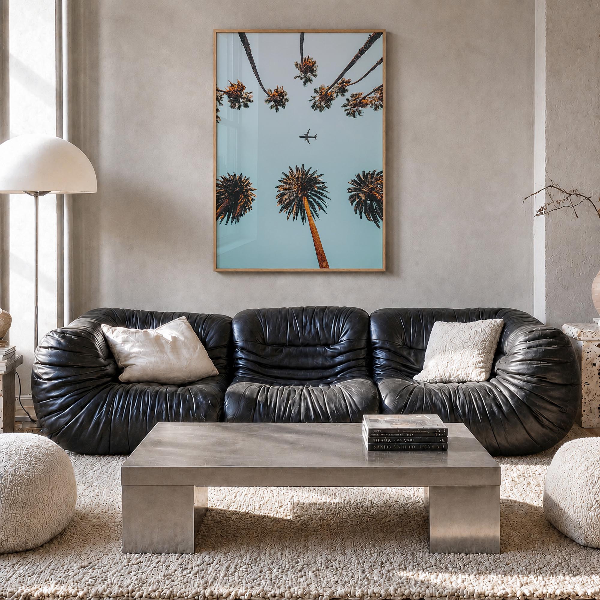 Palm Trees, Sky and Aircraft colorful photo poster – vertical wall art in natural wood frame, hanging on wall