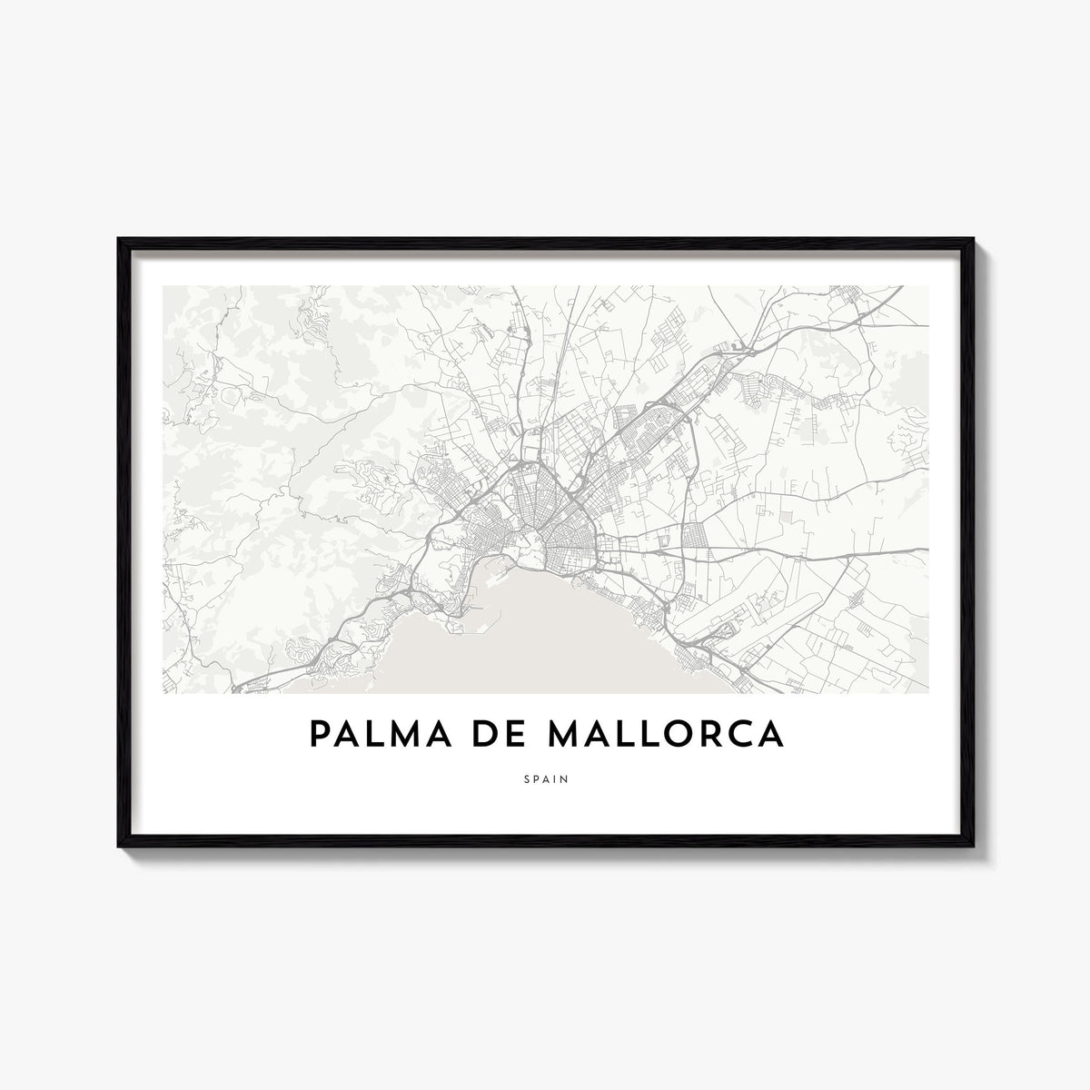 Palma de Mallorca black & white map poster of Spain – horizontal wall art, unframed print shown in interior mockup