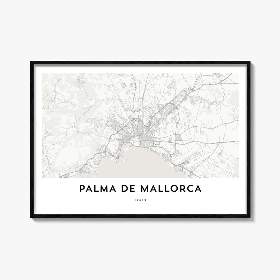 Palma de Mallorca black & white map poster of Spain – horizontal wall art, unframed print shown in interior mockup