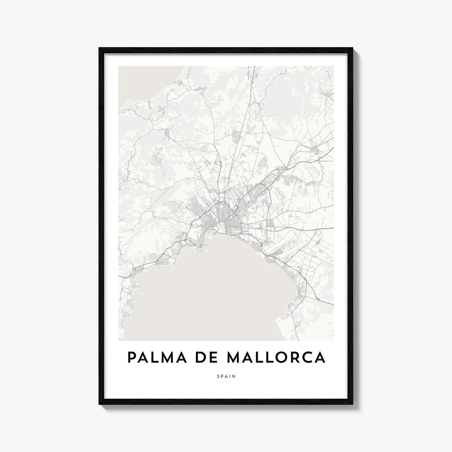 Palma de Mallorca black & white map poster of Spain – vertical wall art, unframed print shown in interior mockup