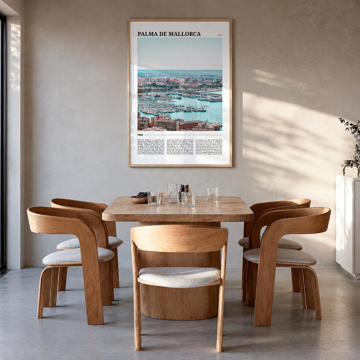 Palma de Mallorca colorful travel poster of Spain – vertical wall art in natural wood frame, hanging on wall