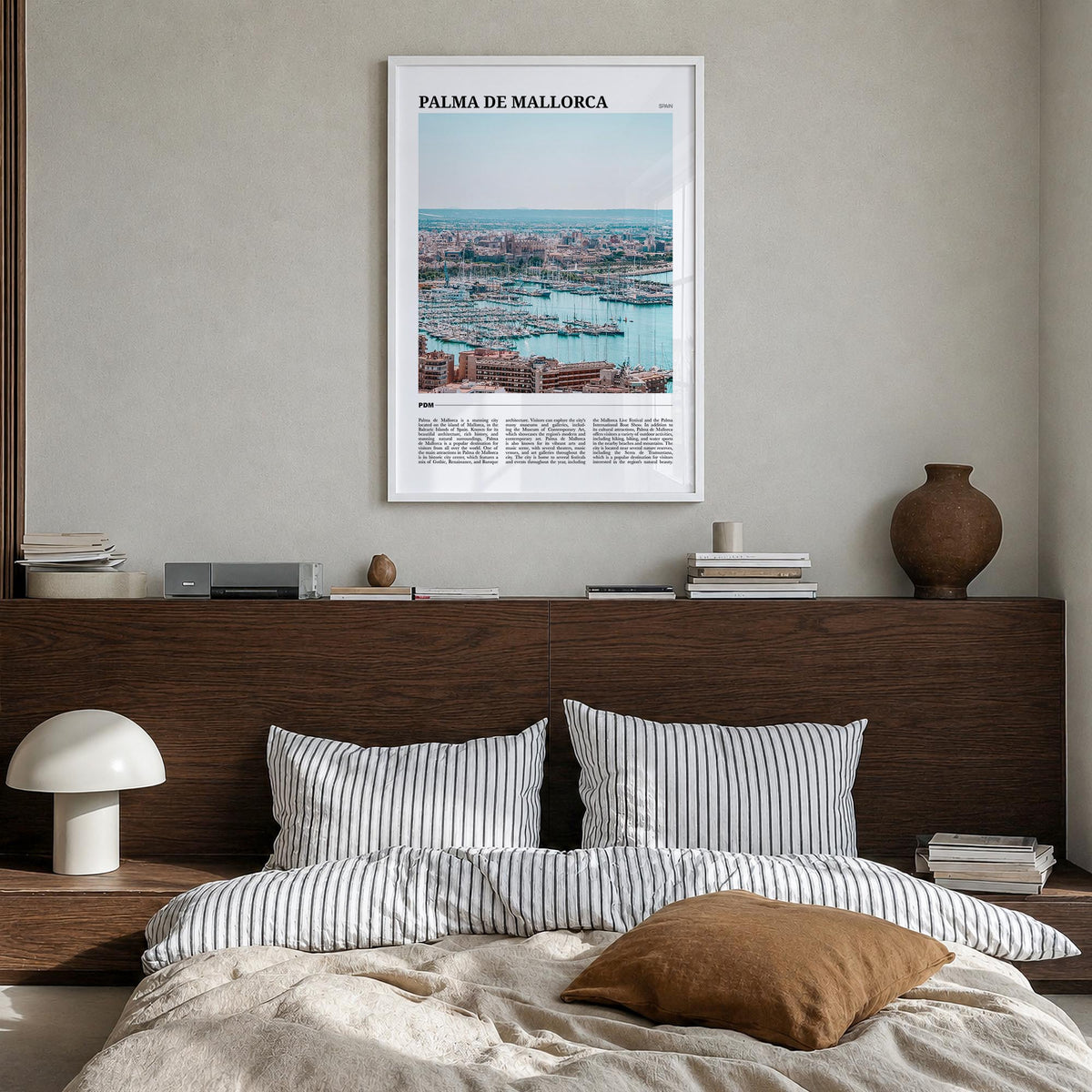 Palma de Mallorca colorful travel poster of Spain – vertical wall art in white wood frame, hanging on wall