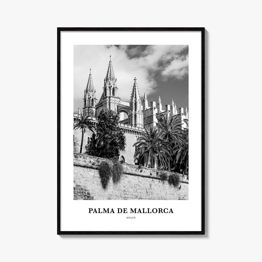 Palma de Mallorca no. 1 black & white classic poster of Spain – vertical wall art, unframed print shown in interior mockup